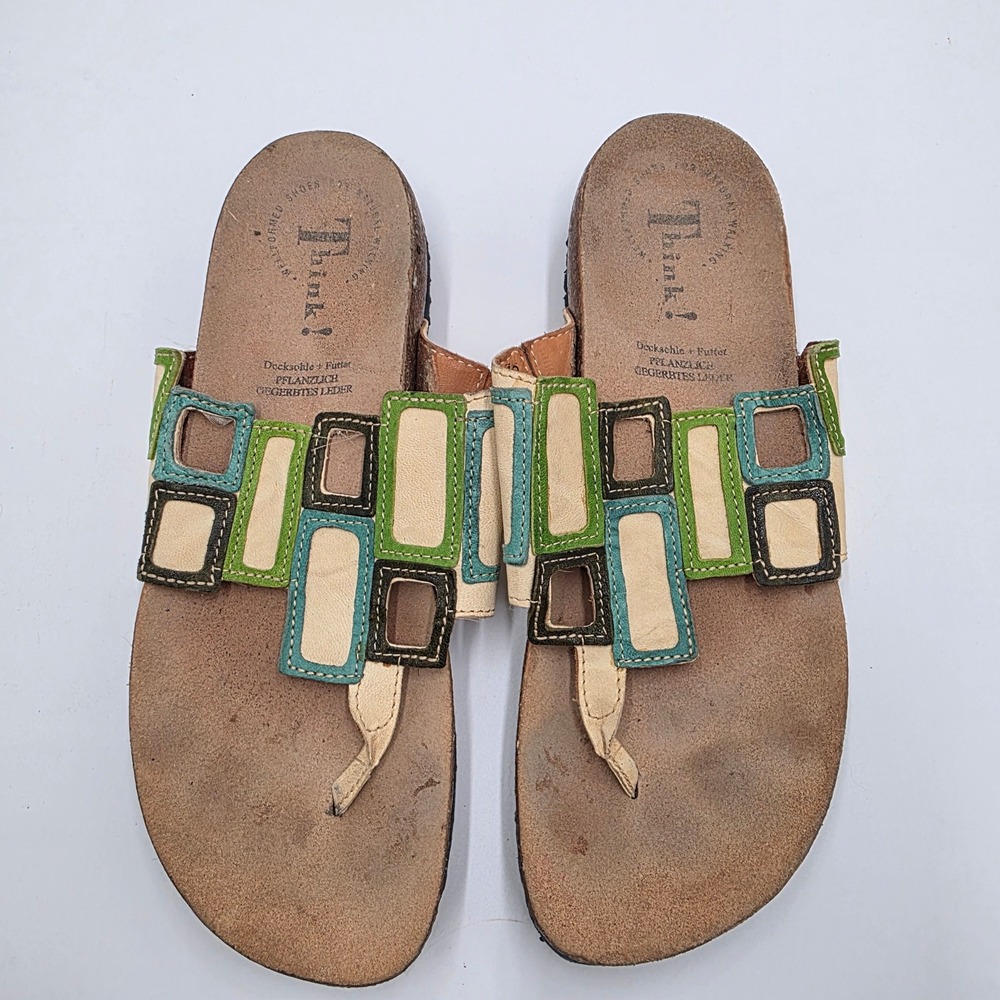 Think! Women's Cork Footbed Thong Sandals Multicolor Geometric Leather Straps
